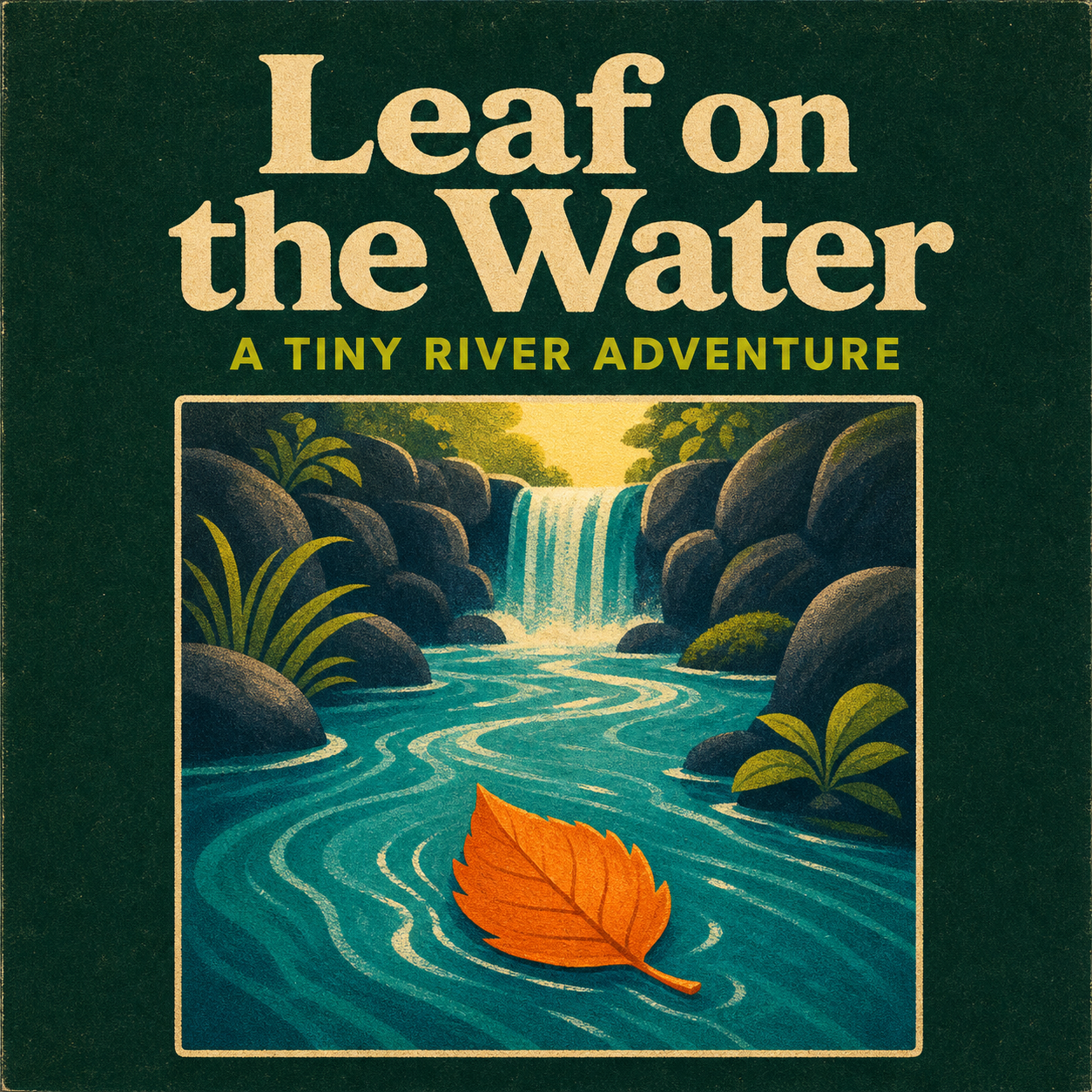 Leaf on the Water box art: an orange leaf drifting through a river canyon